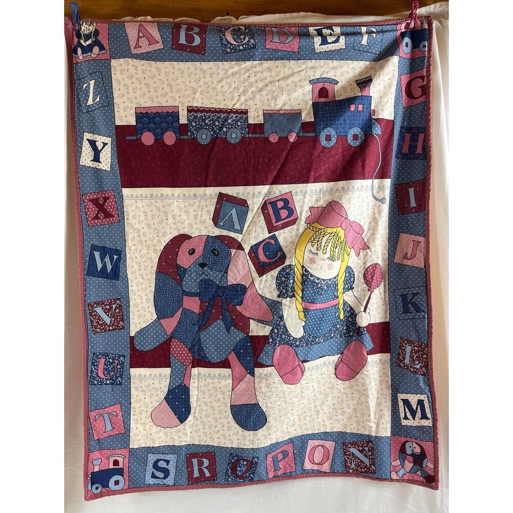 Vintage 80s ABC Alphabet Baby Quilt Blanket Train Doll Puppy Retro